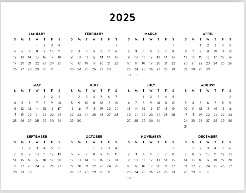 Customizable 2025 monthly calendar in minimalist design