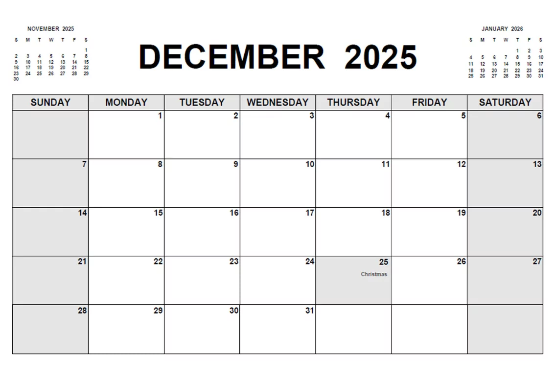Editable December 2025 calendar template with notes and savings section