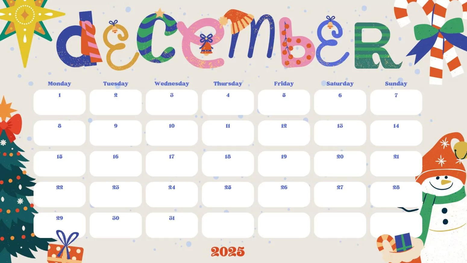 Festive December 2025 calendar template with Christmas tree and holiday dates highlighted