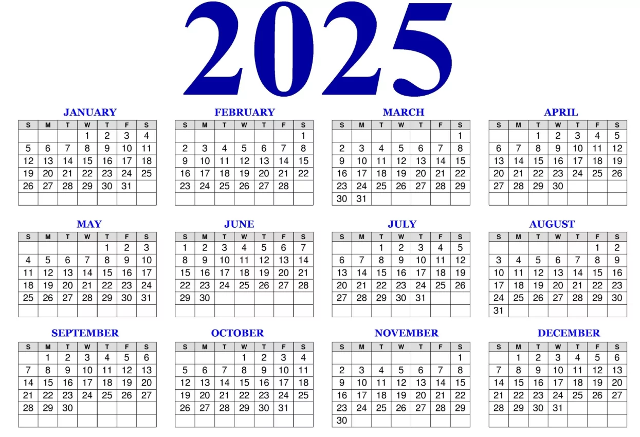 Free blank printable 2025 calendar template with large boxes
