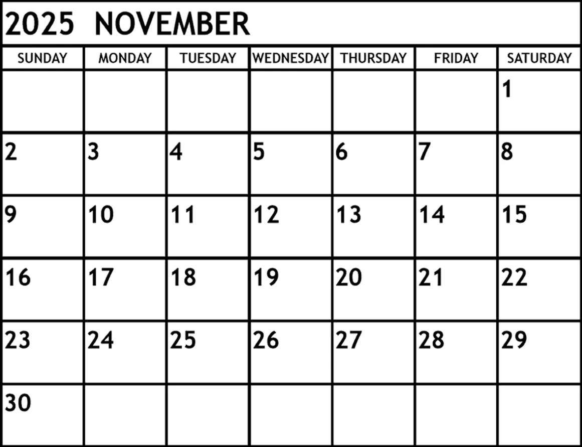 Free printable November 2025 calendar in minimalist design