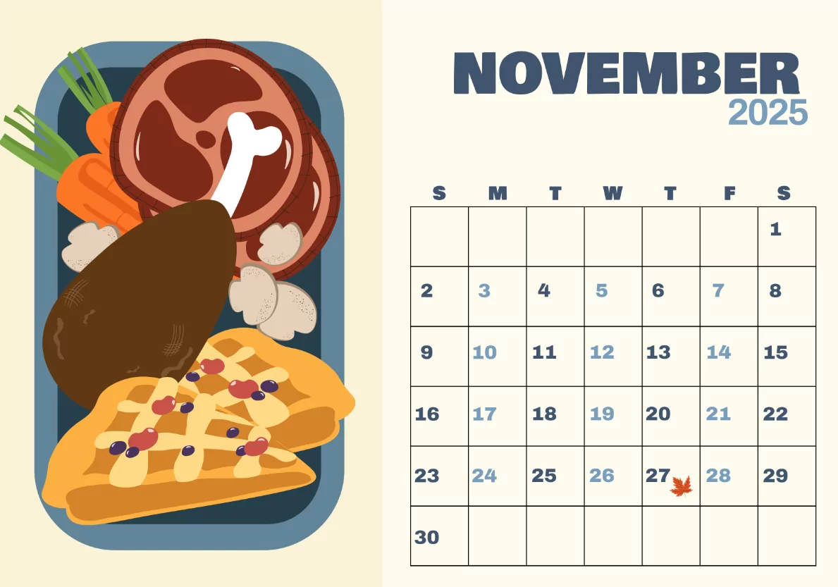 November 2025 calendar with Thanksgiving planner and notes section
