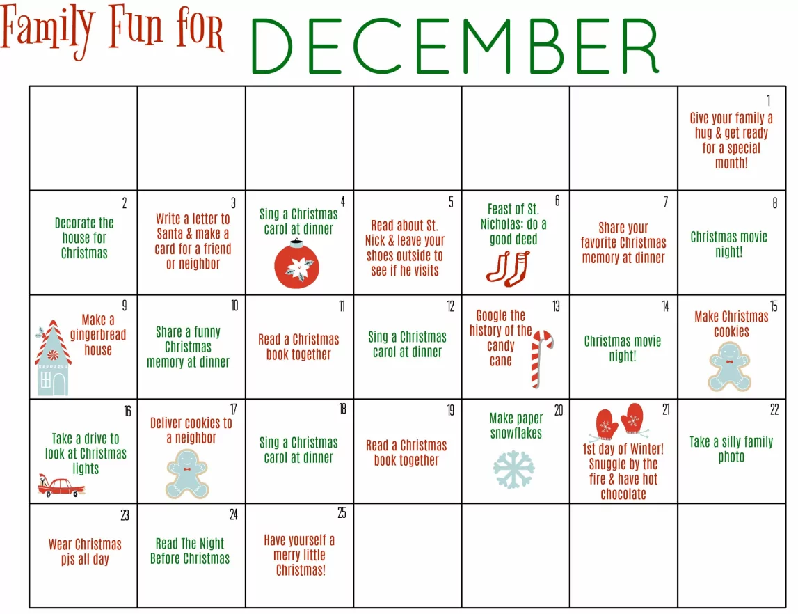 Printable Christmas holiday planner for December 2025 showing gift lists and family events