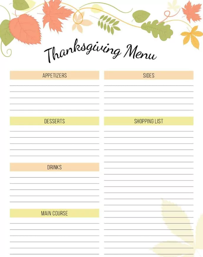 Printable Thanksgiving meal planner template with calendar layout