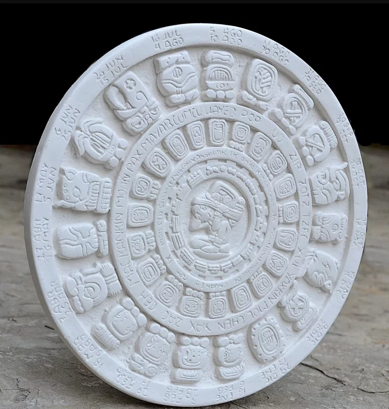 Stone Mayan calendar carving representing Tzolk’in and Haab’ systems