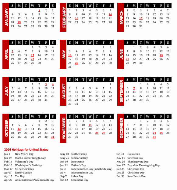 A complete 2026 calendar highlighting all official US Federal Holidays clearly