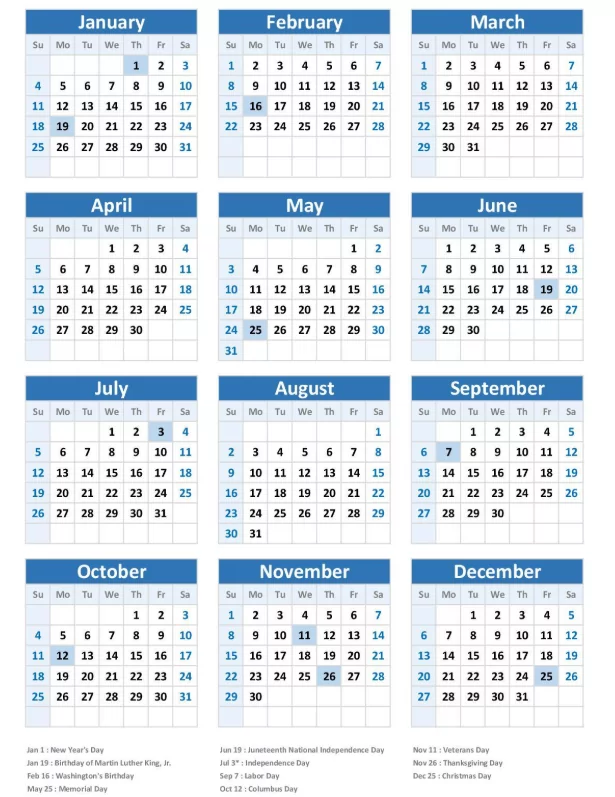 A complete 2026 calendar highlighting all official US Federal Holidays clearly