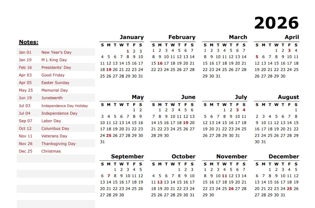 Detailed 2026 yearly calendar template marking important US national federal holidays