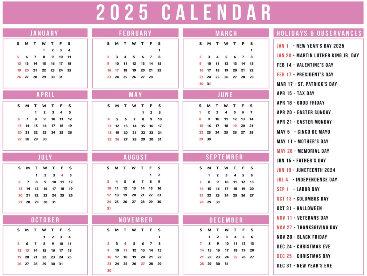 Downloadable calendar listing United States federal holidays for 2025 business use