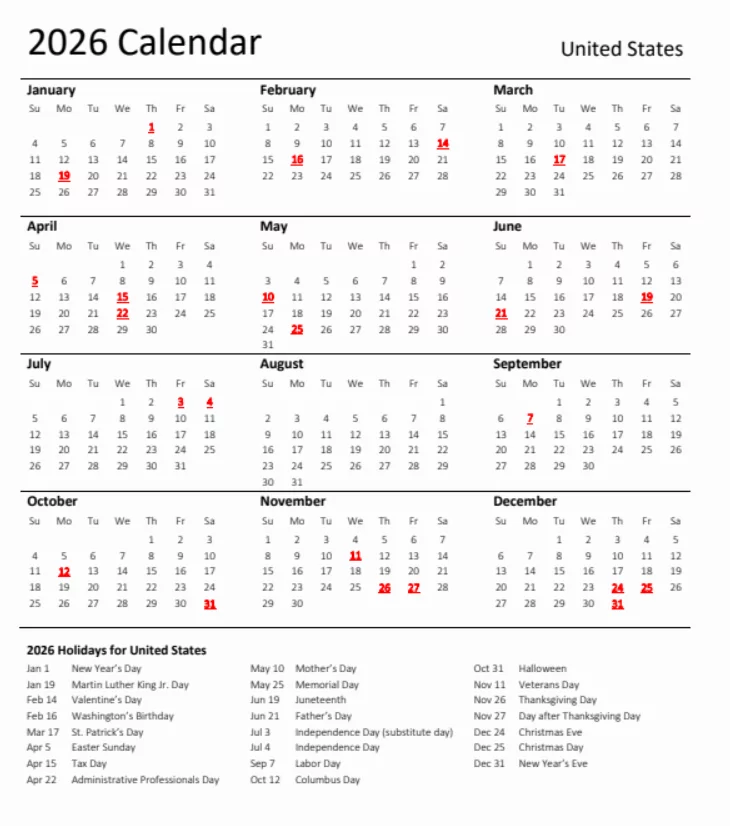 Infographic or list showing every United States Federal Holiday for the 2026 calendar year