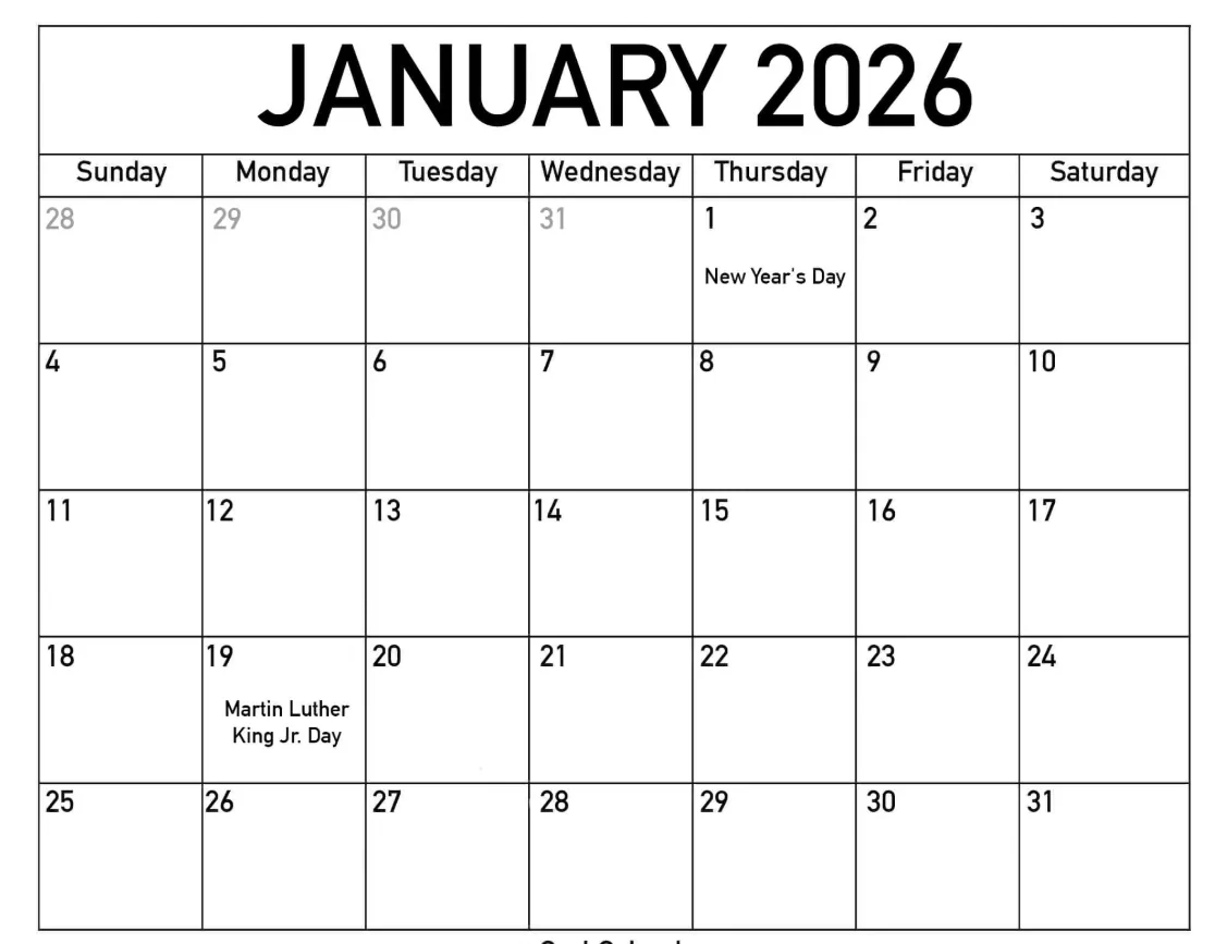 January 2026 Calendar with Holidays