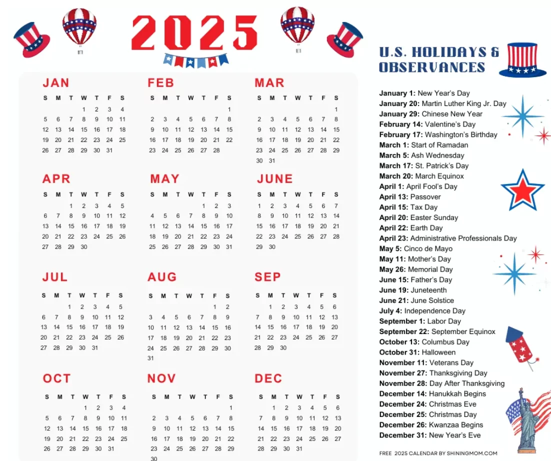 Printable 2025 calendar showing all US federal holidays for businesses