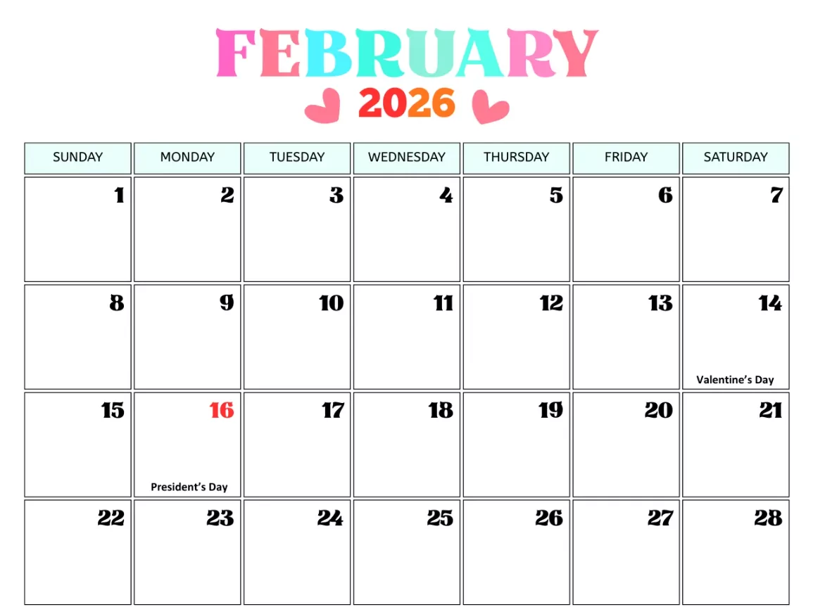 Printable February 2026 calendar with Valentine’s Day layout