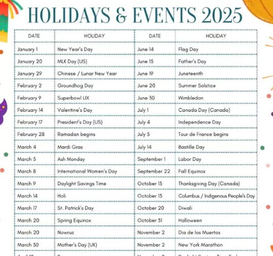 Visual global guide showing various 2025 international holidays and cultural celebrations