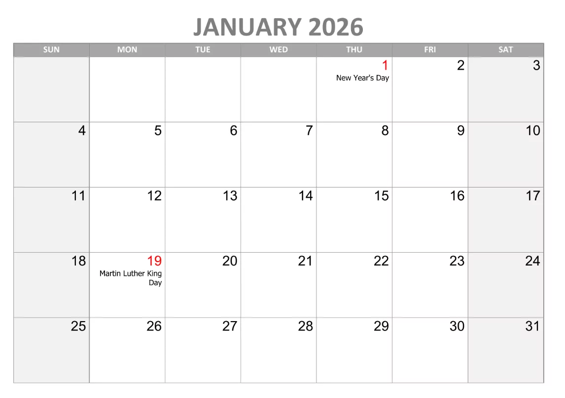january 2026 calendar public holidays