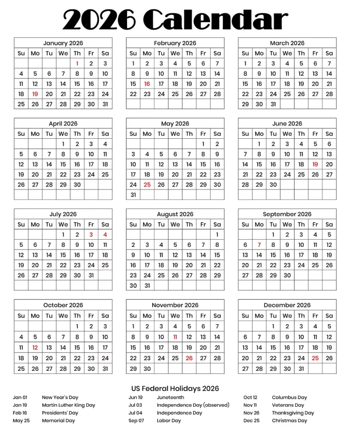 2026 US Government Recognized Federal Holidays Calendar