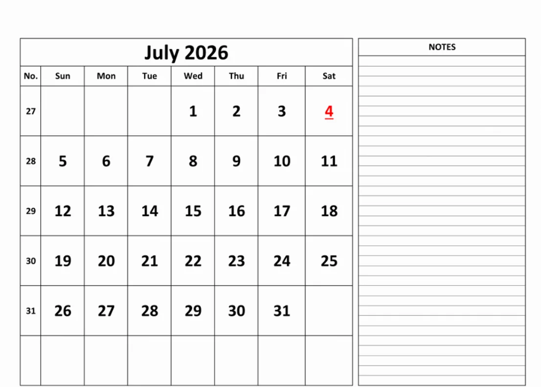 Blank July 2026 monthly planner template with notes section for Independence Day menu