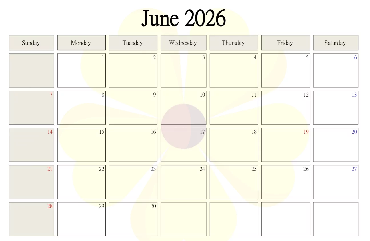 June 2026 calendar template with summer icons like sun and sunglasses