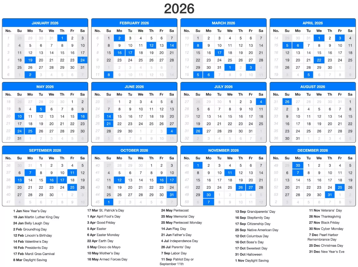 Official 2026 Federal Holidays Calendar for US Public Offices