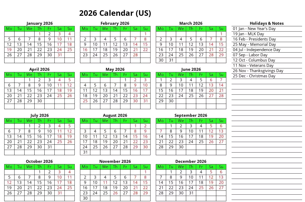 Printable 2026 US public office federal holiday schedule with all eleven dates
