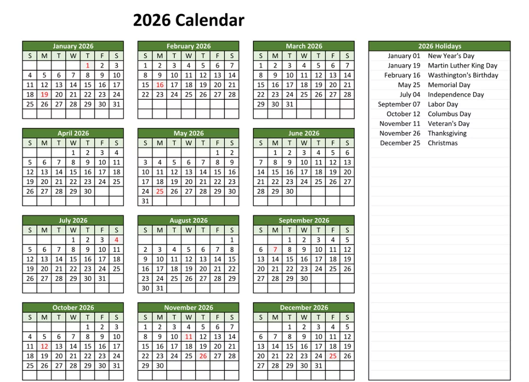 Printable 2026 federal holiday calendar showing US government days off