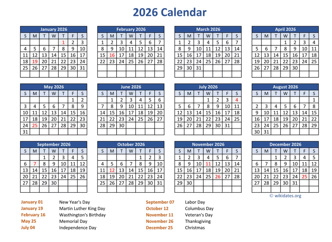 Printable 2026 federal holidays calendar with notes and color coded days off