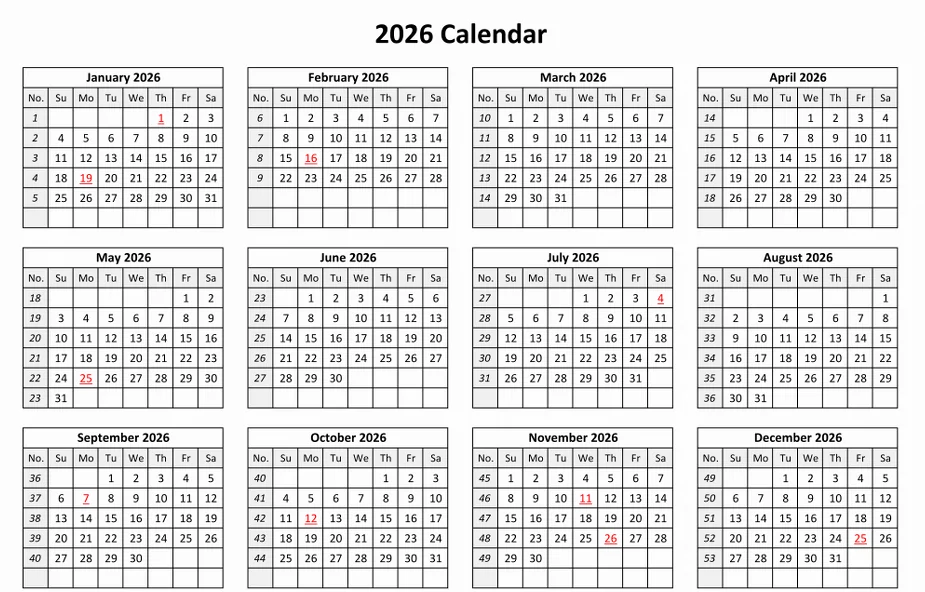 Simple 2026 US holiday calendar showing federal days off for workers