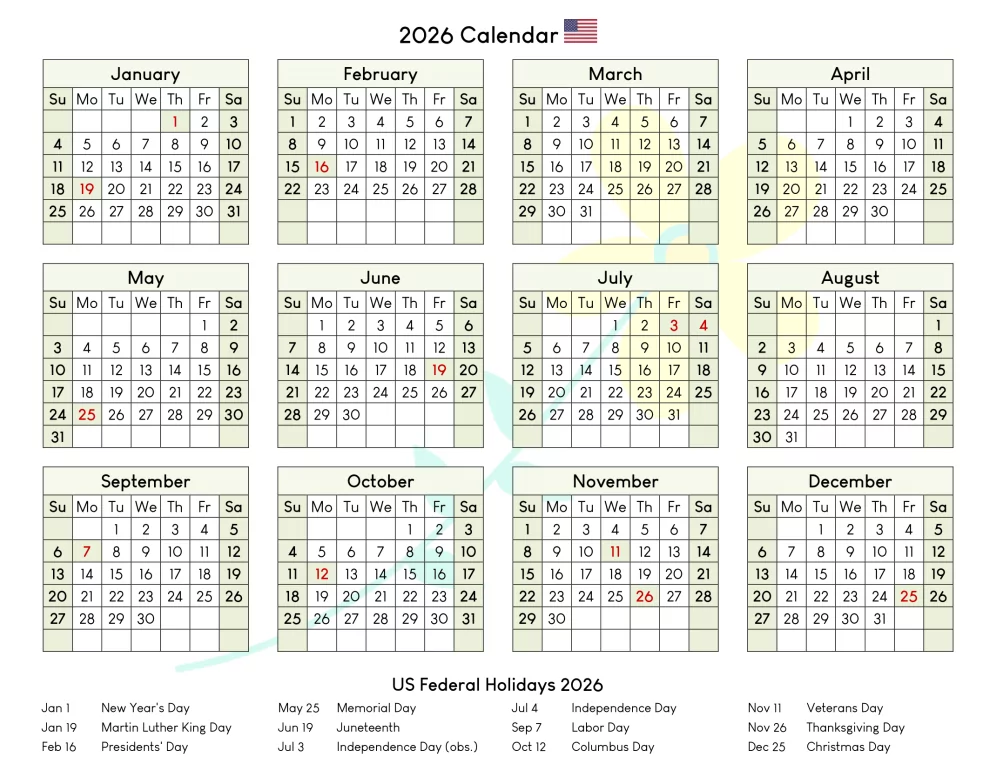 Simple 2026 United States federal holidays overview for employees and planners