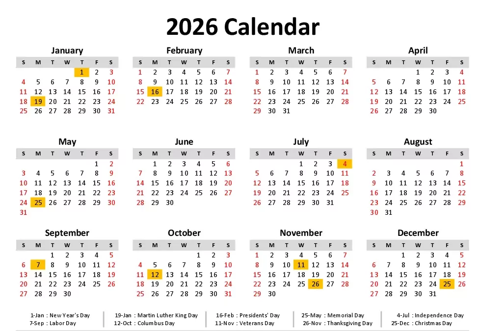 Simple 2026 calendar highlighting federal holidays observed by US government offices