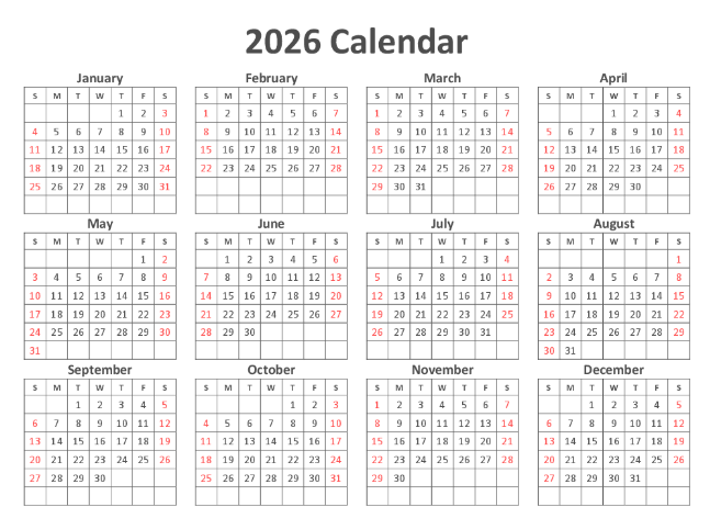 Printable Excel calendar template 2026 showing mid week business closures