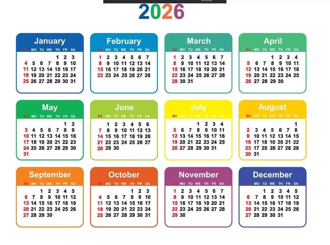 Visual monthly calendar 2026 color coded Friday observed holidays