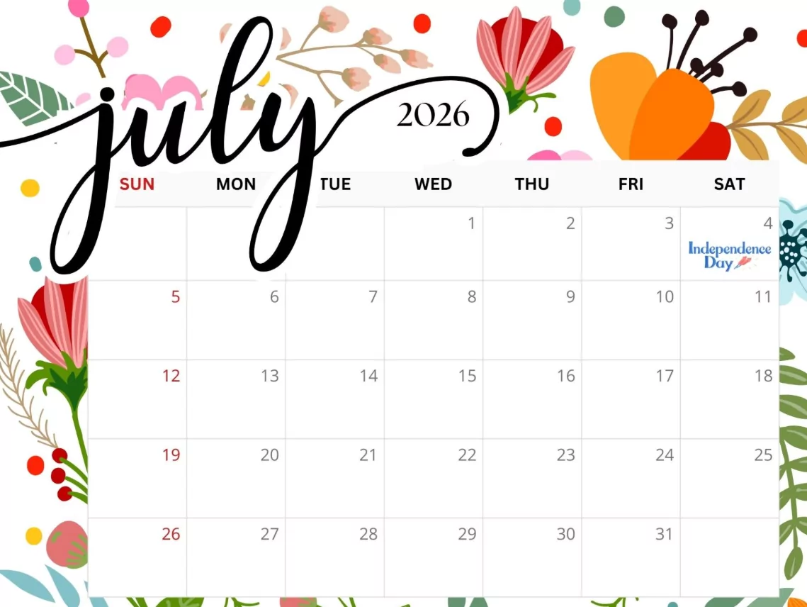july 2026 calendar with independence day free printable patriotic design