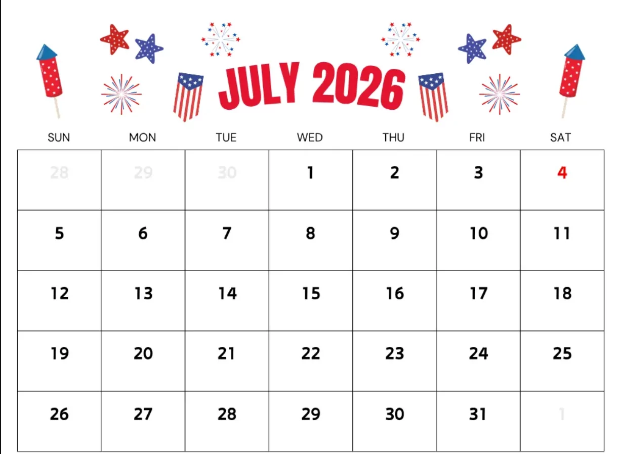 printable july 2026 calendar independence day highlighted layout