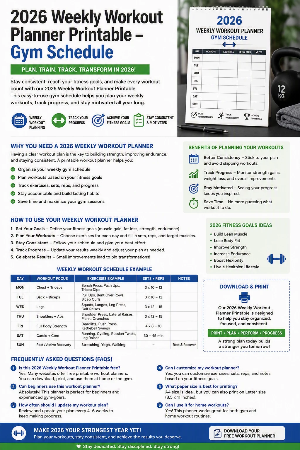 2026 Weekly Workout Planner Printable – Gym Schedule: Your Ultimate Fitness Success Tool